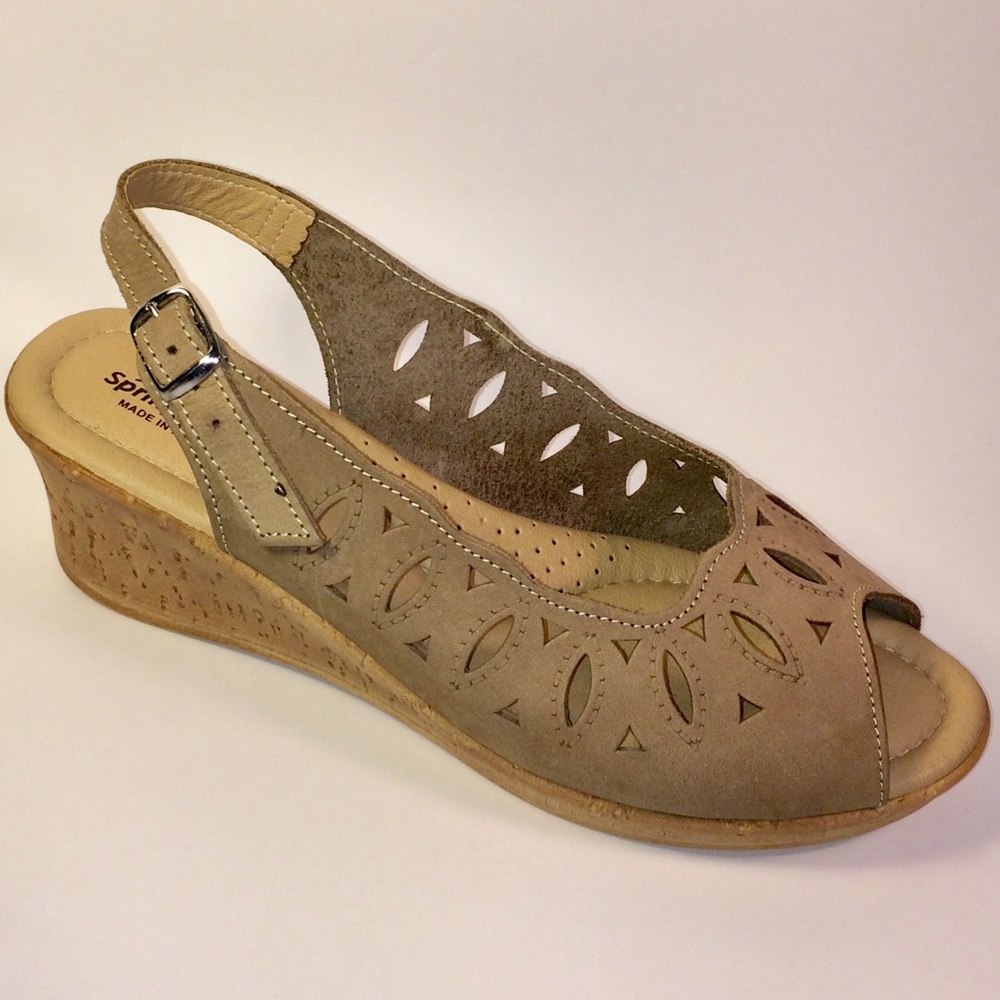Spring Step Nubuck Peep Toe Wedge Heel Sandal Pump